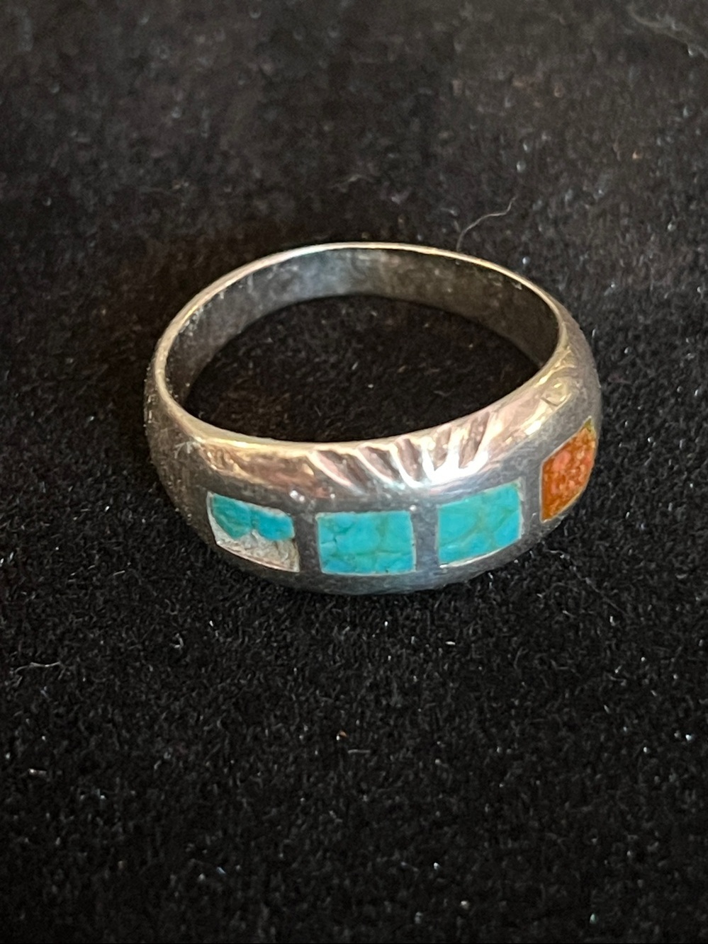 Vintage Zuni Tribal Sterling Inlay Turquoise and Coral Band Ring